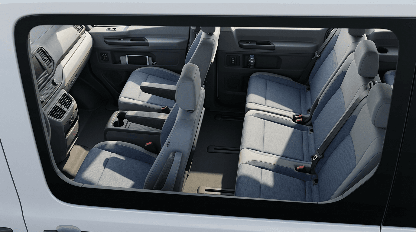 Spacious transfer van interior with comfortable seating for multiple passengers