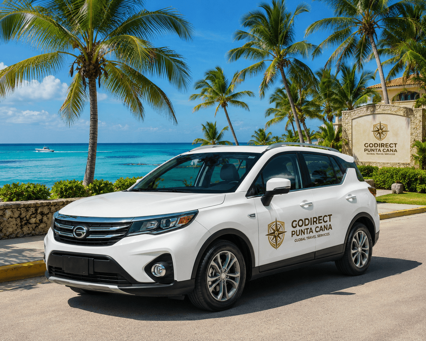 White SUV with GoDirect Punta Cana branding parked near a tropical beach with palm trees.