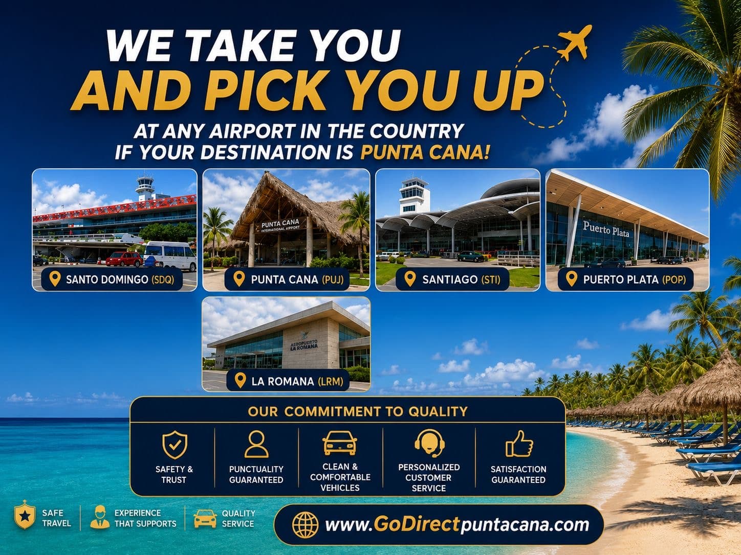 Airport transfer advertisement for Punta Cana showing five Dominican airports and quality service guarantees.