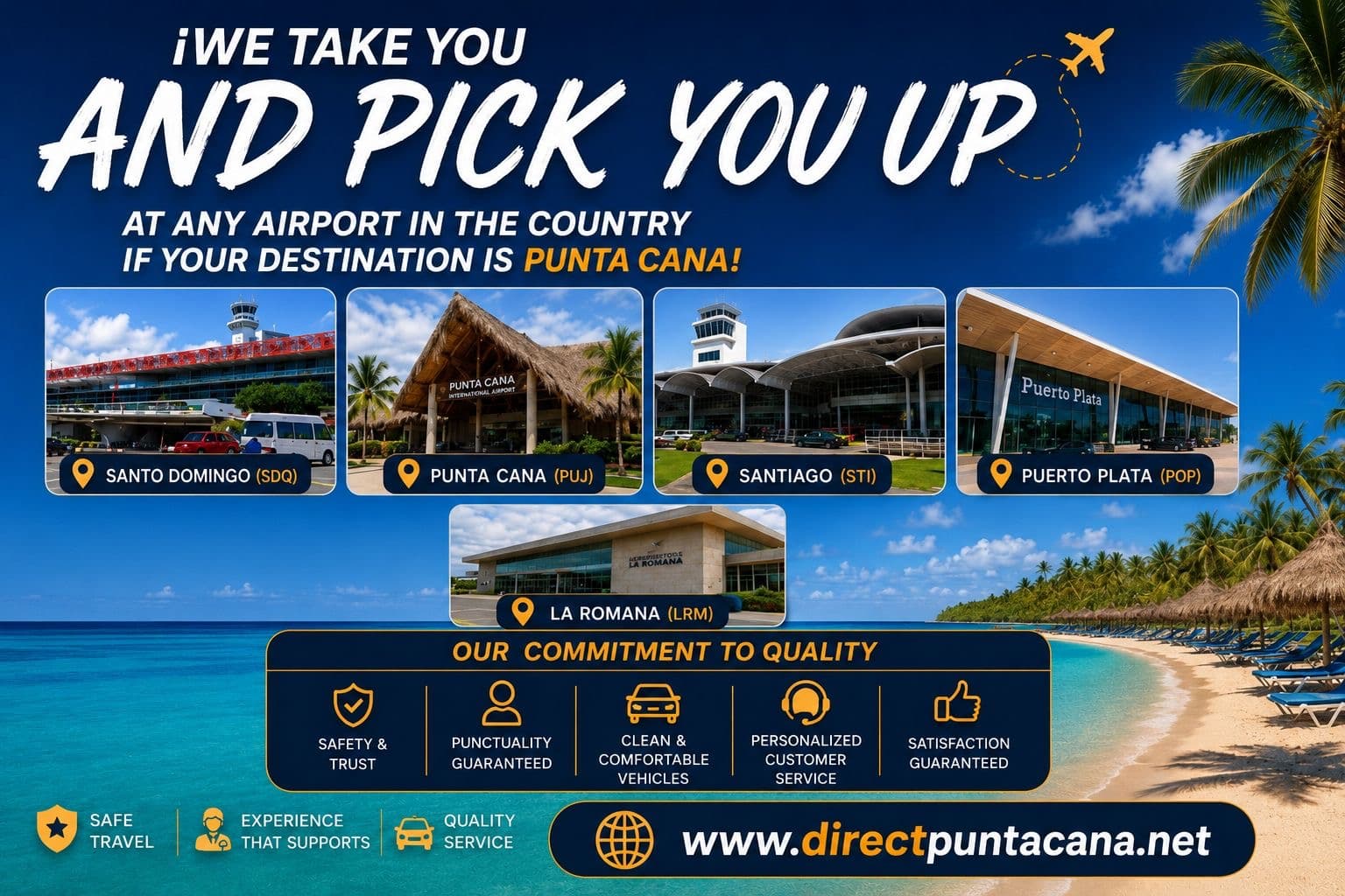Airport transfer advertisement for Punta Cana featuring five Dominican airports and tropical beach scenery.