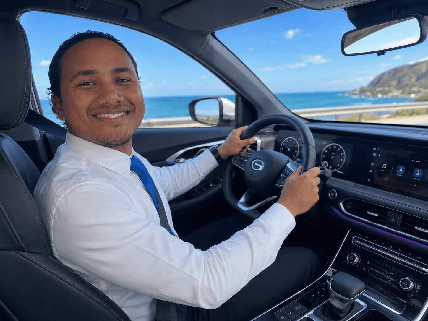 Smiling man in white shirt and blue tie driving along a scenic coastal road.